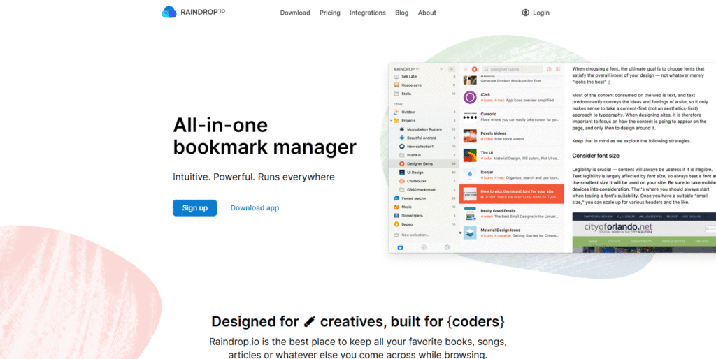 クリエイターの『第二の脳』となるRaindrop.ioの画面。Web上のあらゆるインスピレーションを視覚的に収集・整理し、創造性を無限に引き出すための知識資産を構築。