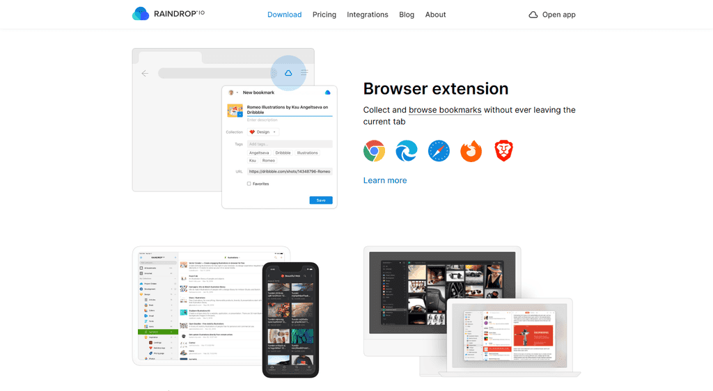 Raindrop.ioのブラウザ拡張機能と、各種OS向け公式アプリを紹介するページのスクリーンショット。