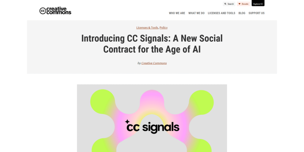 クリエイティブ・コモンズによるCC Signals公式発表ブログ記事のスクリーンショット。