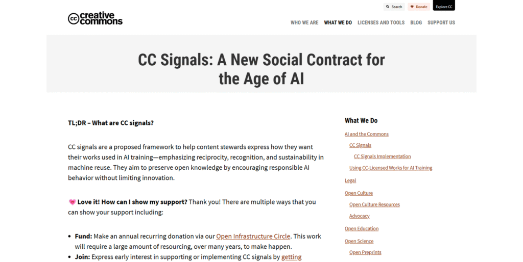 CC Signalsの概要を解説する公式プロジェクトページのスクリーンショット。