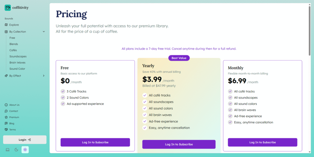 Coffitivityの料金プラン。無料プランと、月額・年額が選べるプレミアムプランの比較。