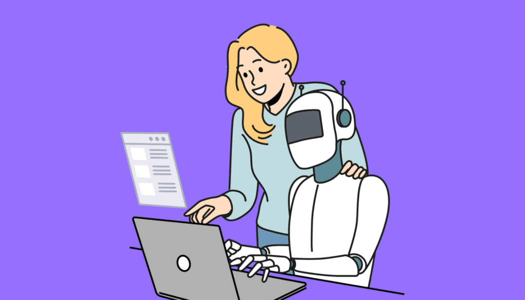 女性クリエイターがAIロボットと肩を並べ、パートナーとして協力するイラスト。ChatGPTエージェントとの新しい関係性を象徴。