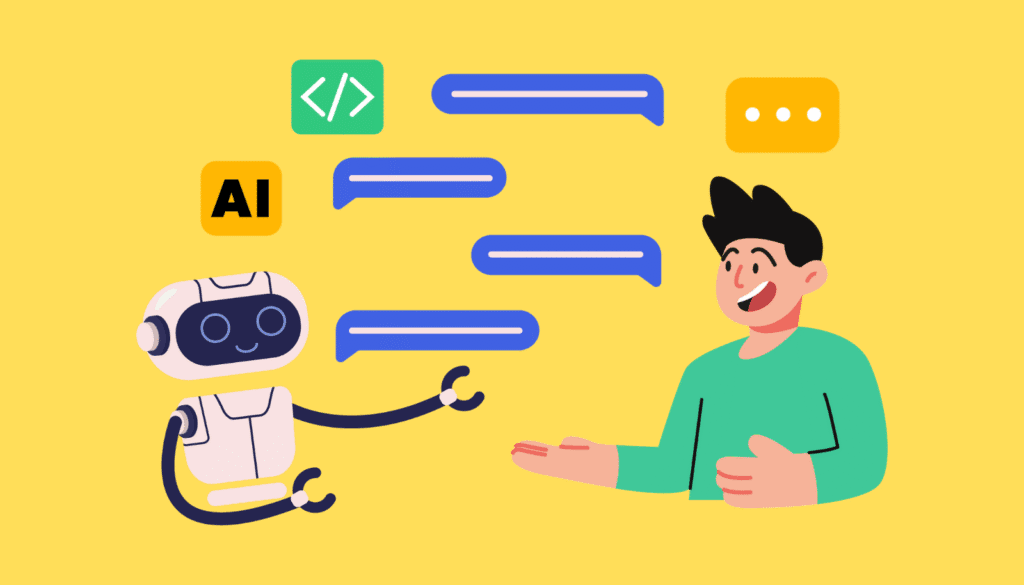 AIロボットと人間が対話するイラスト。Grokコンパニオンモードが実現する、クリエイターとAIの新たなパートナーシップについて。