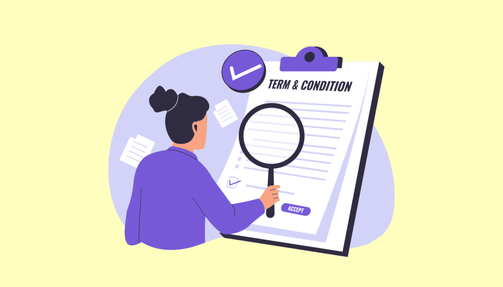 Creative Marketのパーソナルライセンス規約を確認する重要性を表すイラスト。女性が利用規約（Term & Condition）を虫眼鏡で読んでいる。