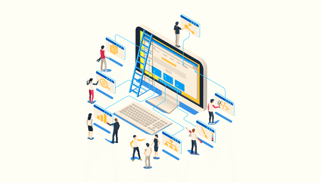 Googleという巨大なプラットフォームへの依存から脱却し、自分のサイトを育てるクリエイターたちのイラスト。