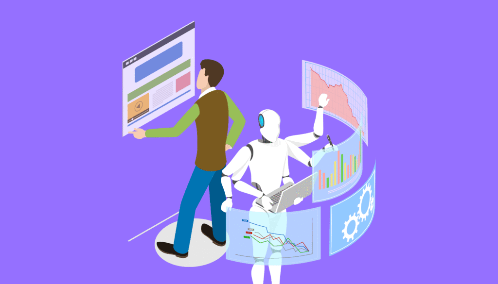 クリエイターがAIアシスタントに指示を出し、並行してデータ分析を行わせるイラスト。ChatGPTエージェントとの効率的な役割分担を象徴している。