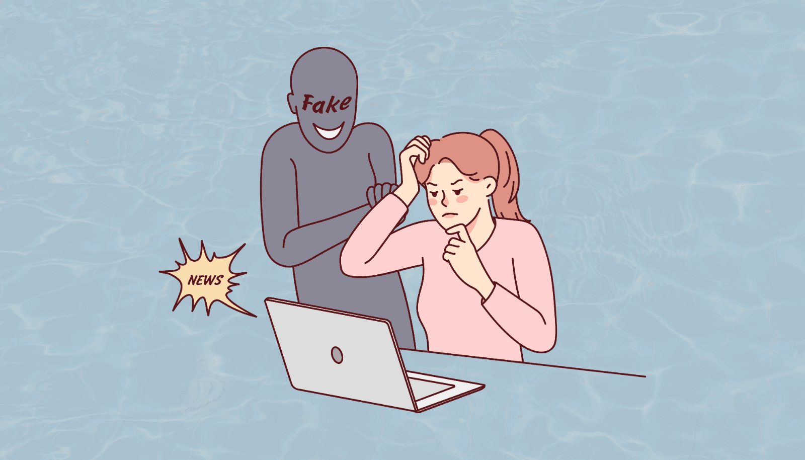 AIによるフェイクニュースやディープフェイクの危険性。ユーザーを惑わす「倫理的な汚染」の脅威を解説するためのイメージイラスト。