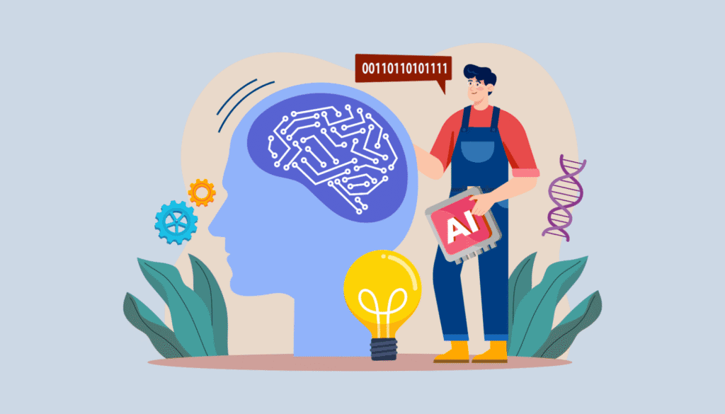 AIの思考や倫理観が、開発者のプログラミングや思想によって形成されることを示すイラスト。