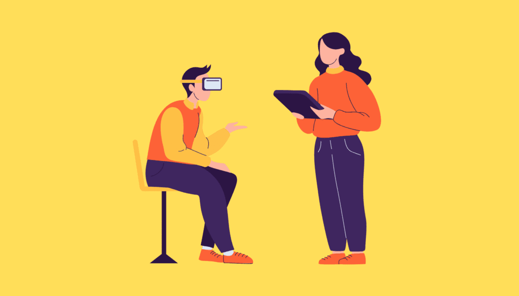 VRゴーグルをつけた男性と対話する人物のイラスト。Grokコンパニオンモードが拓く、未来の没入型コミュニケーション。