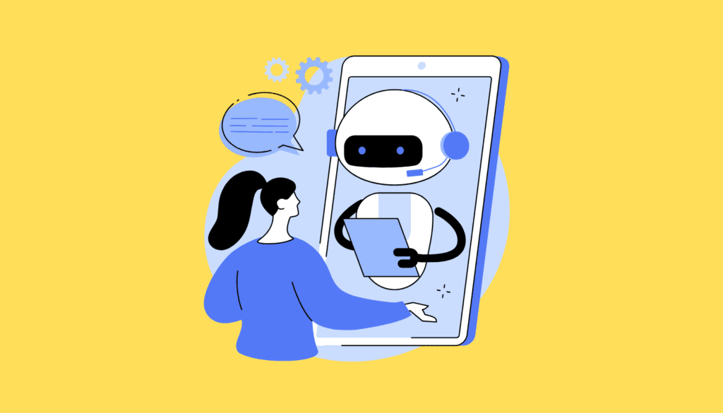 スマートフォンを通じてAIコンパニオンと対話する女性のイラスト。いつでもどこでも繋がれる、パーソナルなAI体験について。