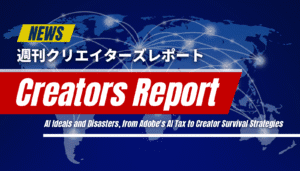 「週刊クリエイターズレポート」のアイキャッチ画像。世界地図を背景に「Creators Report」と書かれ、AIの理想と惨事、AdobeのAI税、生存戦略といったテーマが示されている。