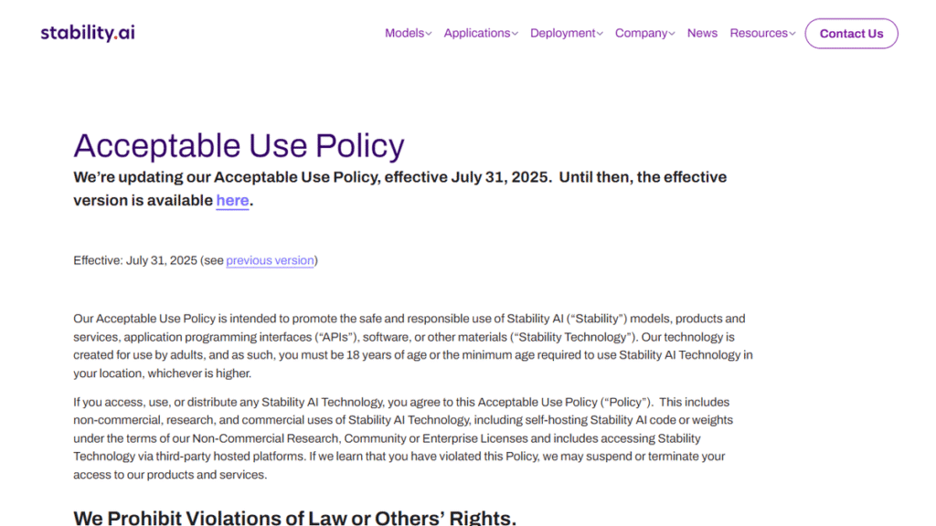 Stability AIの新しい利用規約(Acceptable Use Policy)のスクリーンショット。2025年7月31日に発効することが明記されている。