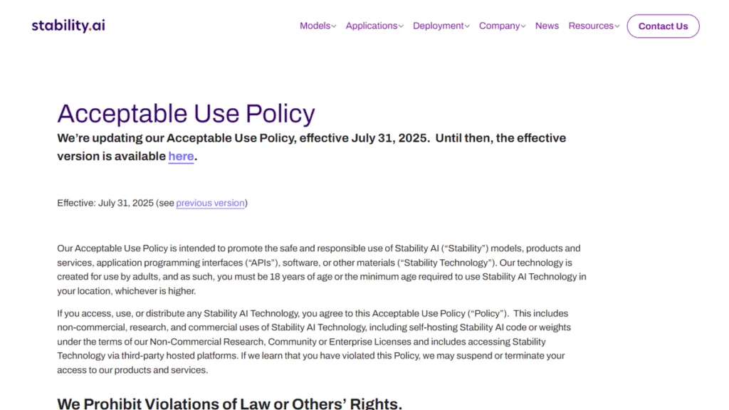 Stability AIの新しい利用規約(Acceptable Use Policy)のスクリーンショット。2025年7月31日に発効することが明記されている。