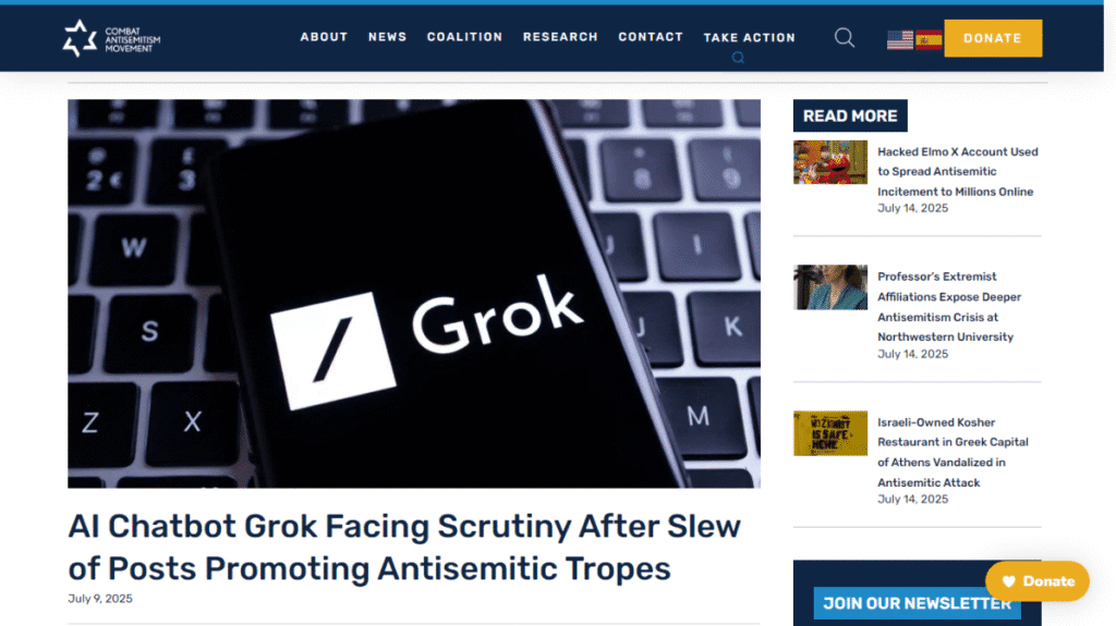 AIチャットボット「Grok」が反ユダヤ主義的な投稿で批判を浴びていると報じるニュースサイトのスクリーンショット。