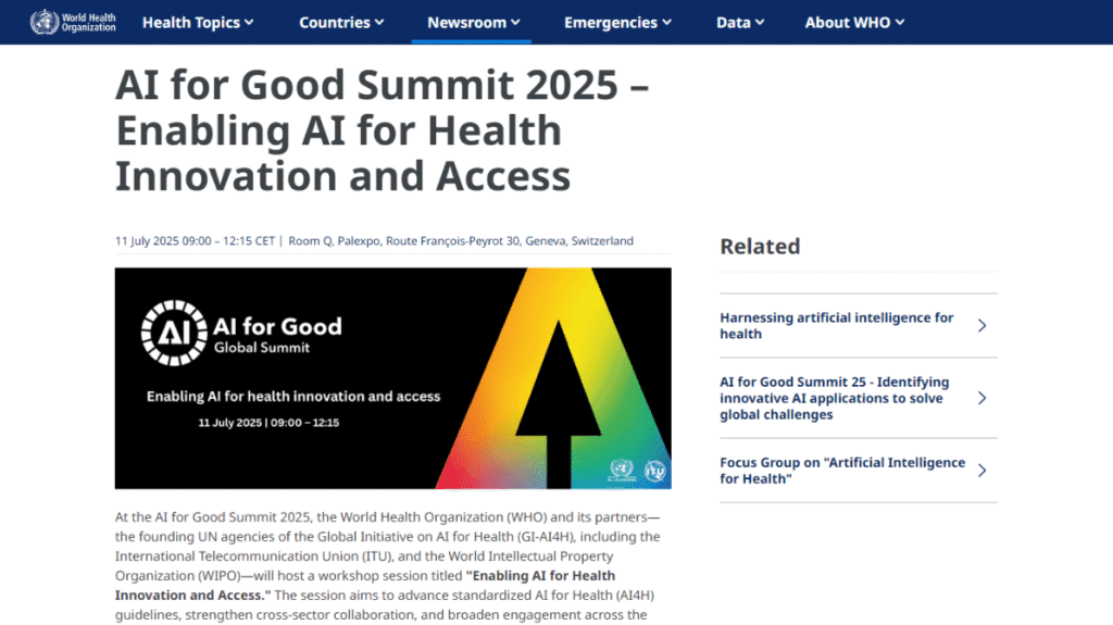 WHO(世界保健機関)公式サイト。「AI for Good Global Summit 2025」のイベントページ。