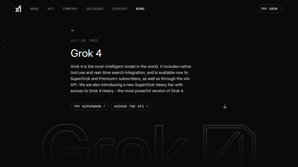 xAIが「世界で最も知的なモデル」と主張する、Grok 4の公式サイトのスクリーンショット。