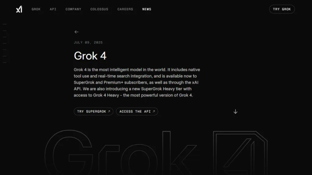 xAIが「世界で最も知的なモデル」と主張する、Grok 4の公式サイトのスクリーンショット。