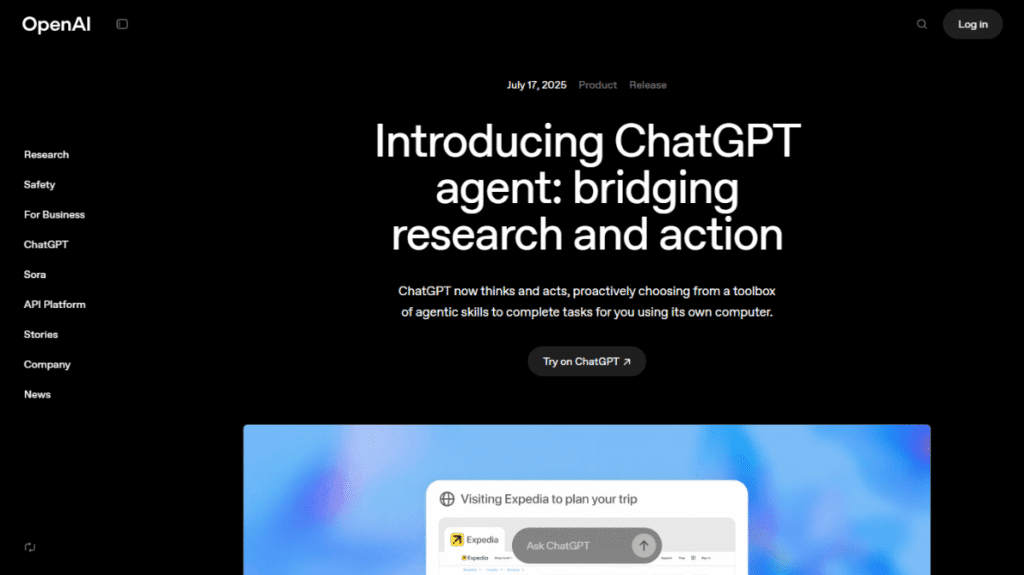 OpenAI公式サイトによる「ChatGPT agent」発表ページのスクリーンショット。2025年7月17日に公開された、本記事が参照する重要な一次情報。