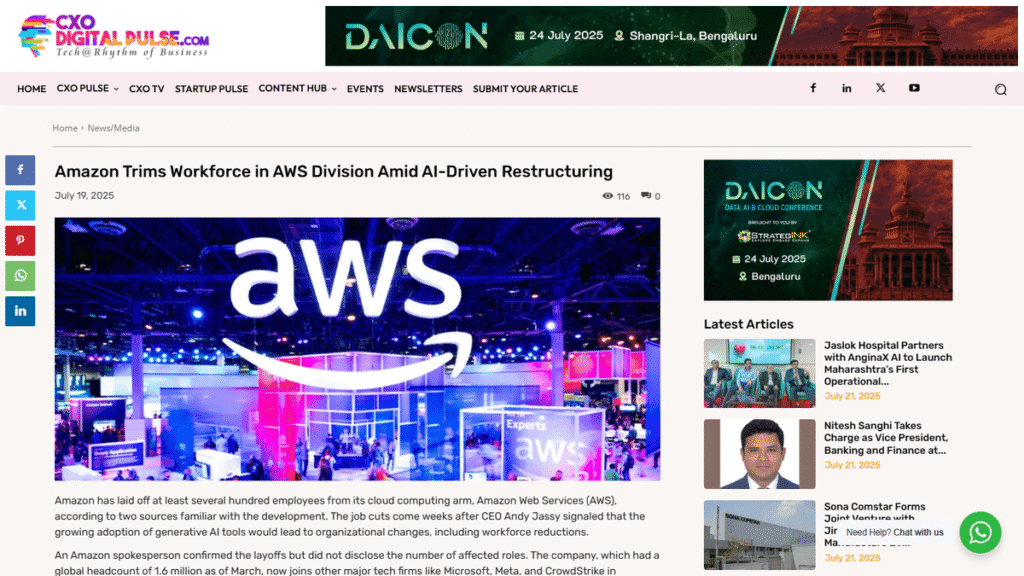 AmazonのAWS部門が2025年7月にAI主導のリストラで数百人規模の人員削減を行ったと報じるニュース記事。AIが雇用に与える衝撃的な影響を示すスクリーンショット。