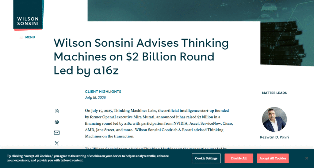 法律事務所Wilson Sonsiniが報じた、Thinking Machines Labの20億ドル（約2800億円）の資金調達ニュース。2025年7月、製品ゼロのAI企業への異次元の投資を示す証拠画像。