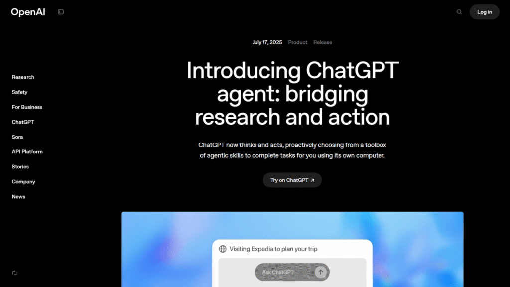 OpenAIが2025年7月17日に発表した「ChatGPTエージェント」の公式サイト。クリエイターの働き方を根本から変える、自律型AIエージェントの衝撃的な登場を示す画像。