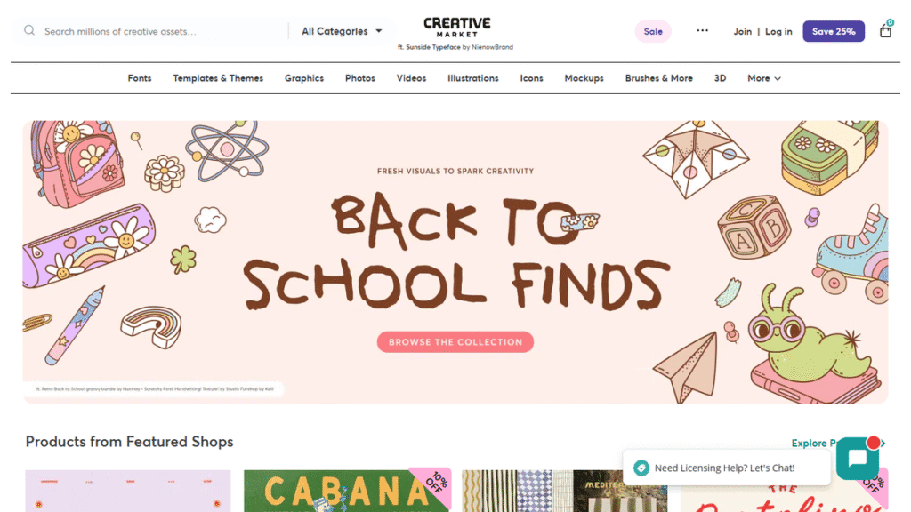 デザイナー向け素材サイト「Creative Market」公式サイトのスクリーンショット。この記事でパーソナルライセンスのルールを徹底解説する。