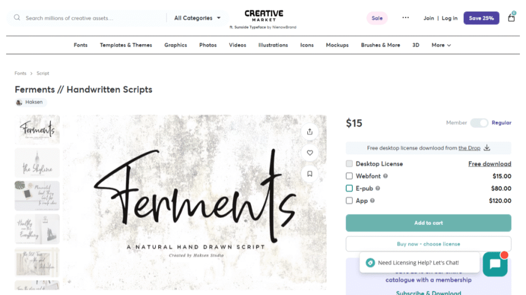 自然体でおしゃれな手書き風スクリプトフォント「Ferments」の商品紹介ページのスクリーンショット。