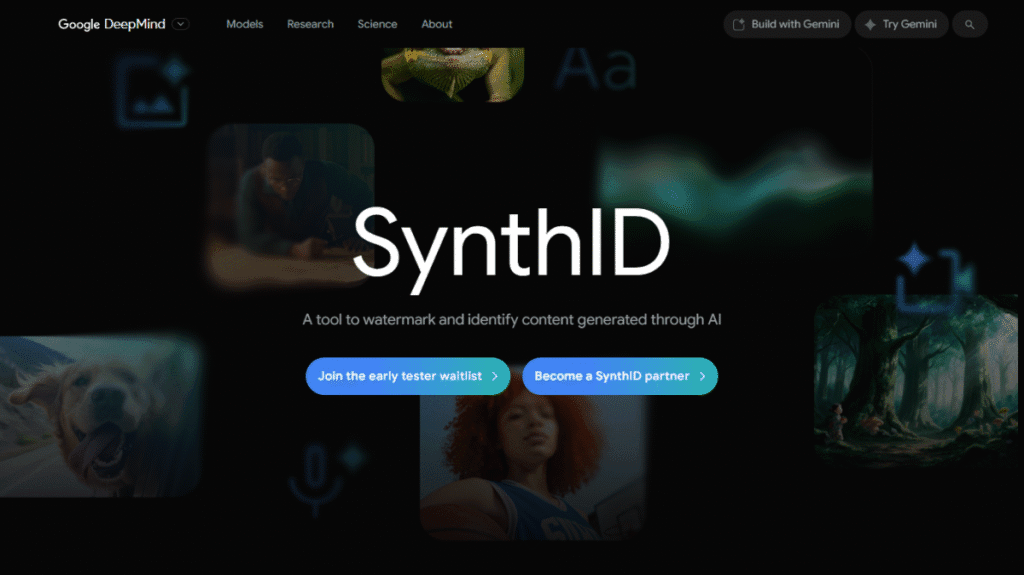 Google DeepMindが開発したAIコンテンツ向け電子透かし技術「SynthID」の公式サイト。人間には見えない「デジタル署名」を埋め込む。