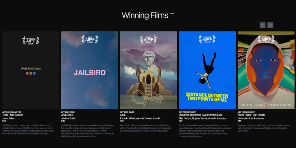 Runway AI Film Festival 2025の公式サイトに掲載された、グランプリ作品を含む公式受賞作品一覧のスクリーンショット