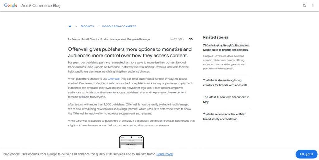 2025年6月26日、GoogleがOfferwallの全世界リリースを公式発表。AI時代を生き抜くクリエイターに新たな収益化の選択肢を提供。