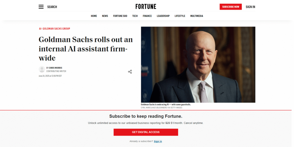Fortune誌が報じた、ゴールドマン・サックスの社内向け生成AIアシスタント正式導入に関する記事のスクリーンショット