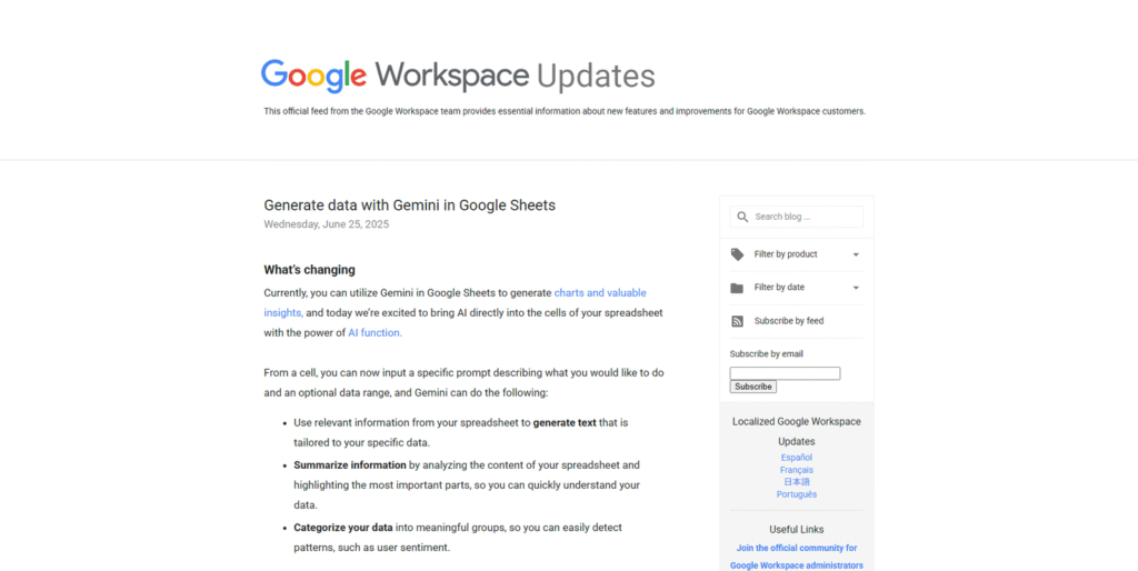 Googleスプレッドシートのセルから直接AIのGeminiを呼び出せるようになったことを伝えるGoogle Workspace公式ブログのスクリーンショット
