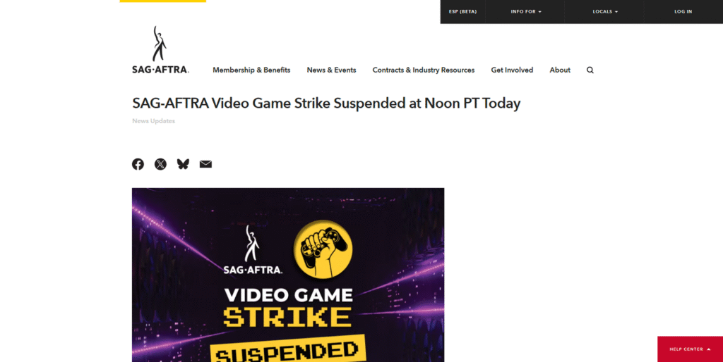 アメリカの声優組合(SAG-AFTRA)が、AI利用に関する歴史的合意をもってゲーム業界のストライキを終結させたことを伝える公式サイトのスクリーンショット
