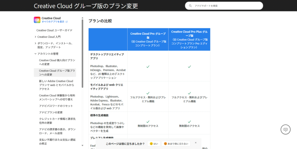 Adobe Creative Cloudグループ版(法人向け)の新プラン比較表。旧コンプリートプランがCreative Cloud Pro グループ版に移行することを示している。