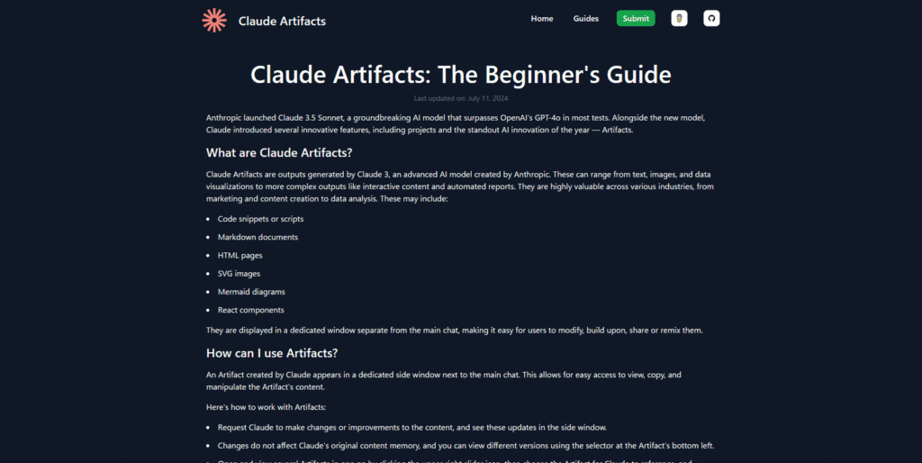 コミュニティサイト「Made with Claude」にある「Claude Artifacts:ビギナーズガイド」のページ。アーティファクトとは何か、どのように使うかが英語で説明されているスクリーンショット。