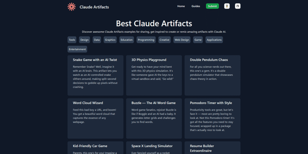 コミュニティサイト「Made with Claude」のベスト・アーティファクト集。「AIツイスト付きスネークゲーム」や「3D物理プレイグラウンド」など、ユニークな作例が並んでいるスクリーンショット。