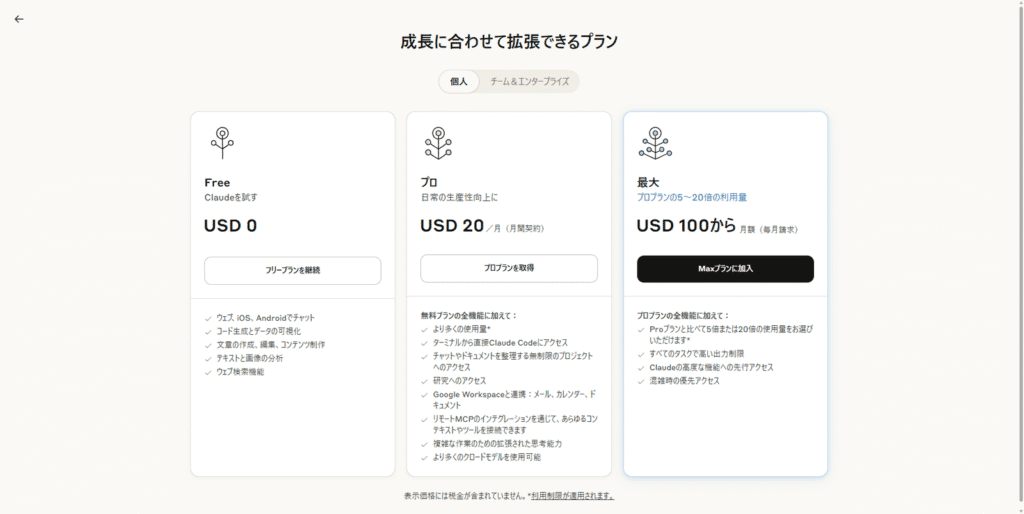 Claudeの料金プラン比較ページ。Free(無料)、プロ(月額20ドル)、最大(月額100ドルから)の3つのプランの機能がリストアップされているスクリーンショット。