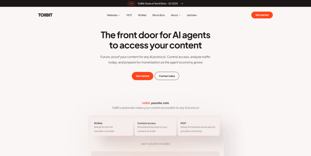 AIコンテンツ収益化の競合サービス「TollBit」の公式サイト。「The front door for AI agents to access your content」というキャッチコピーが特徴。