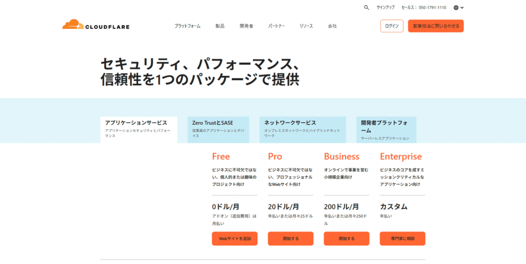 Cloudflareの料金プラン一覧。「Free」「Pro」「Business」「Enterprise」の4つの階層と、それぞれの月額料金(0ドル、20ドル、200ドル、カスタム)が記載されている。
