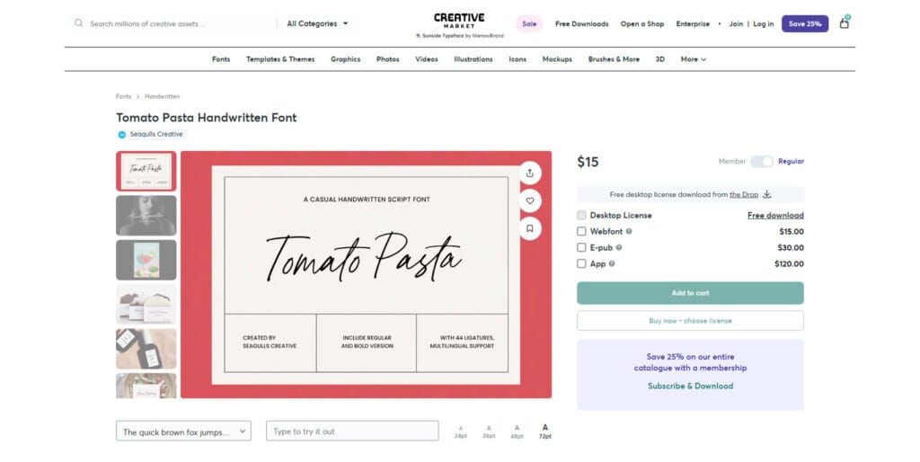 Creative Marketで過去に無料配布されたTomato Pastaフォントの紹介画像