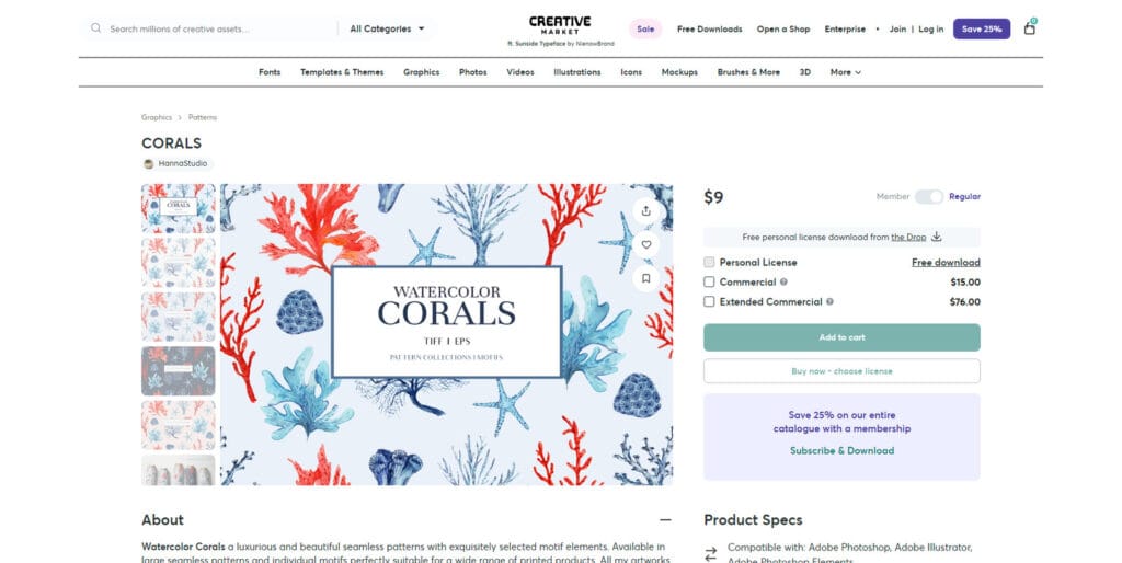 HannaStudio作、サンゴと海のモチーフが特徴の豪華な水彩シームレスパターン集「CORALS」のプレビュー。