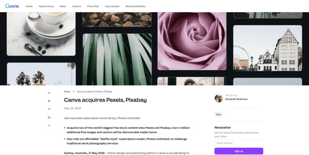 CanvaがPexelsとPixabayを買収したことを伝える2019年5月の公式ニュースリリースのスクリーンショット。
