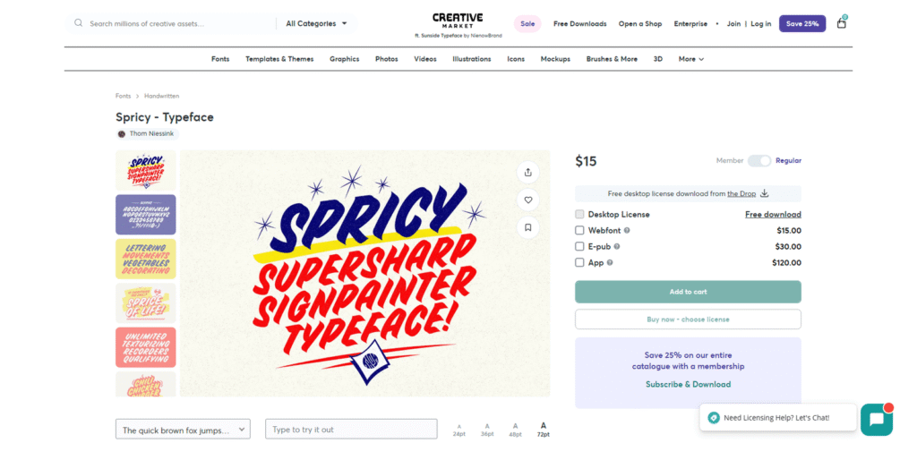 手書き風デザインの工数を9割削減するCreative Marketの無料フォント「Spricy」の製品ページ。