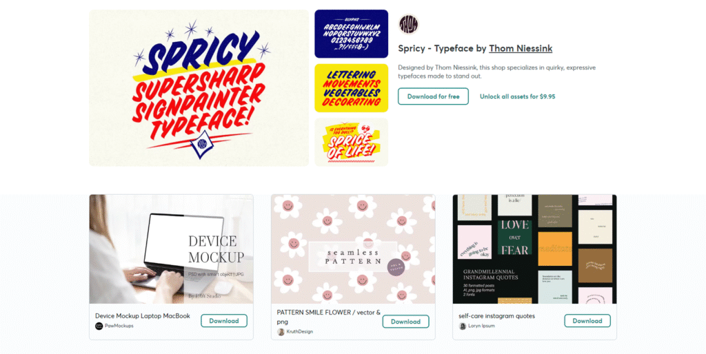 2025年7月8日15時まで無料配布中のCreative Marketのデザイン素材4選（Spricyフォント、デバイスモックアップ等）のスクリーンショット。