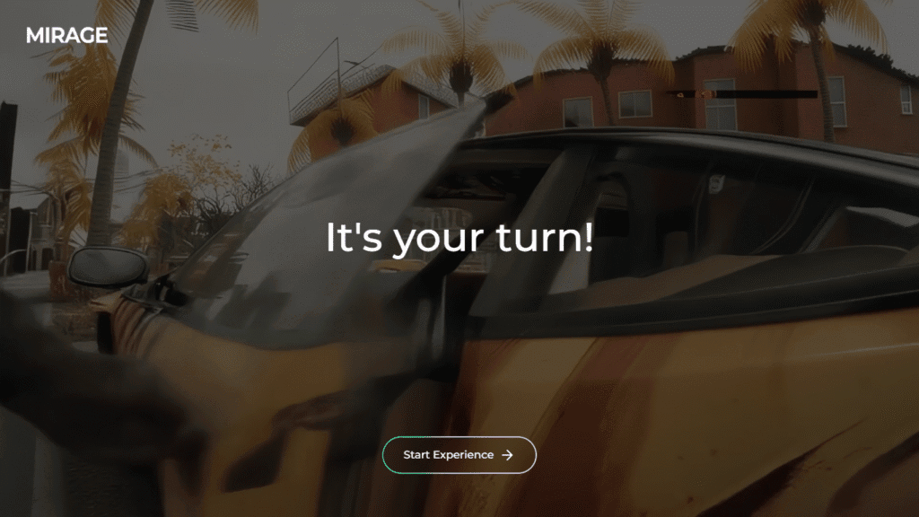 リアルタイムAI「MirageLSD」の体験開始画面。「Start Experience」ボタンをクリックし、次世代の映像制作ツールを起動する最初のステップ。