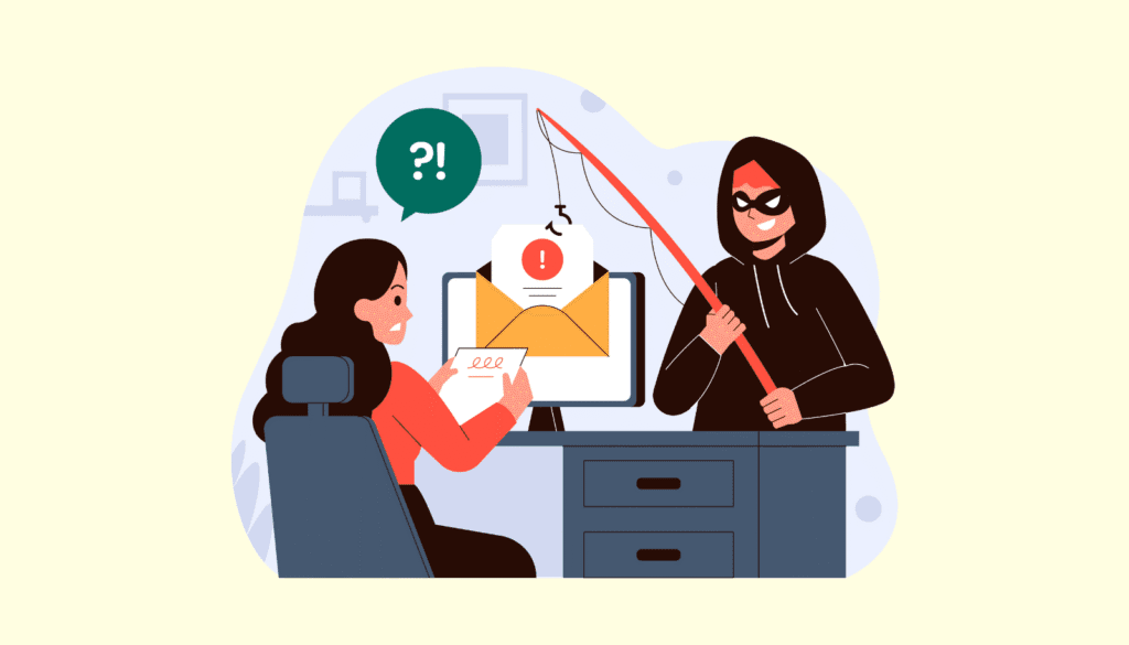 AIが作成した本物そっくりの偽メールや通知で、ユーザーを騙してクリックさせようとするフィッシング攻撃のイラスト。