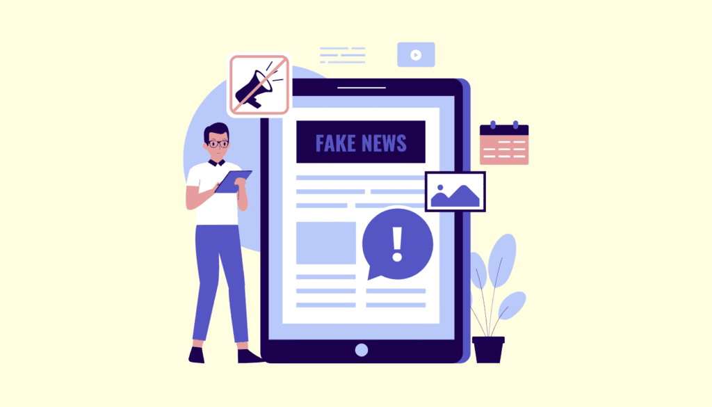 AIが生成した偽ニュース（フェイクニュース）に惑わされず、クリエイターが情報リテラシーを高める必要性を訴えるイラスト。
