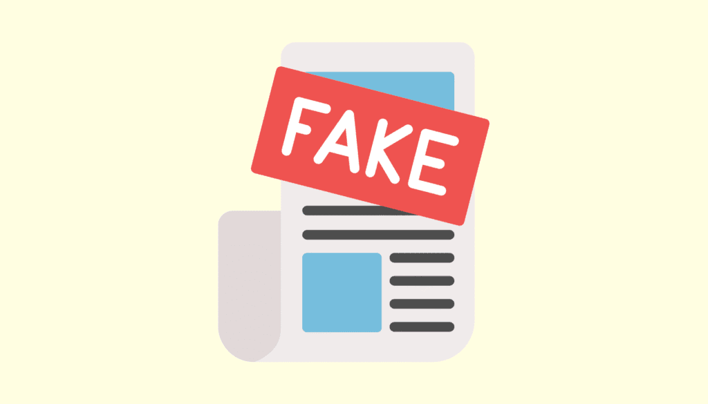 AIによって生成され、SNSで拡散される「フェイク（偽物）」と書かれた偽情報の危険性を示すイラスト。