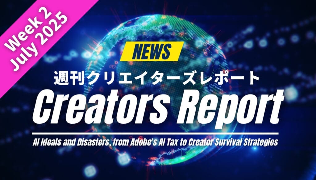 「週刊クリエイターズレポート」のアイキャッチ画像。世界地図を背景に「Creators Report」と書かれ、AIの理想と惨事、AdobeのAI税、生存戦略といったテーマが示されている。