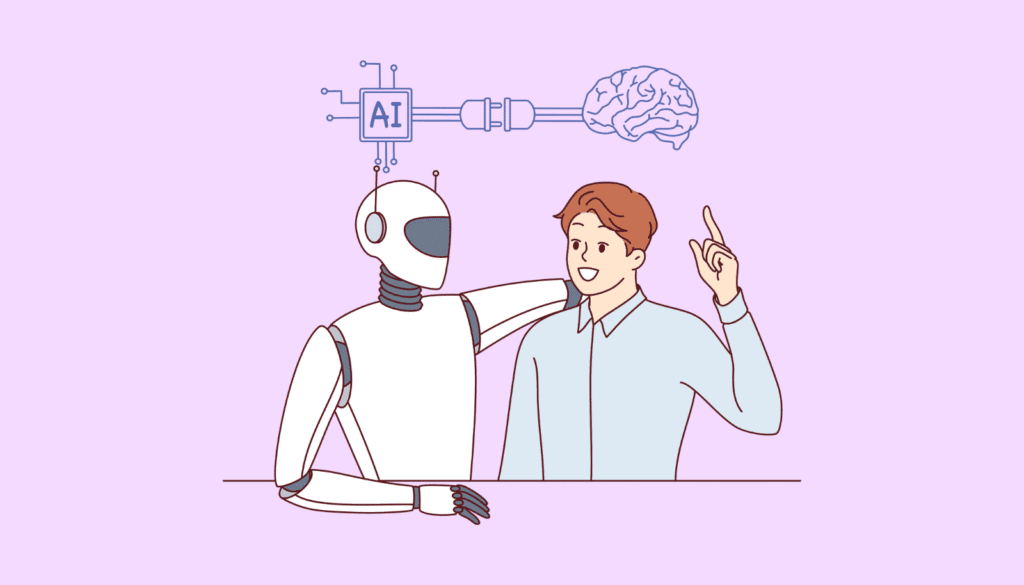 AIを戦略的なパートナーとして活用し、共に創造性を高めるクリエイターの未来像を描いたイラスト。
